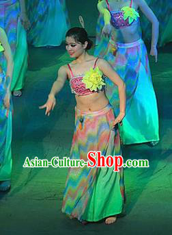 Chinese Lishui Jinsha Dai Nationality Peacock Dance Dress Ethnic Stage Performance Costume and Headpiece for Women