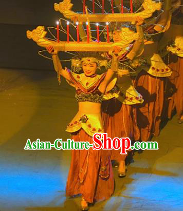 Chinese Lishui Jinsha Dai Nationality Dance Dress Ethnic Stage Performance Costume and Headpiece for Women