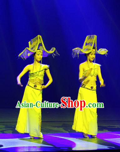 Chinese Lishui Jinsha Dai Nationality Dance Yellow Dress Ethnic Stage Performance Costume and Headpiece for Women