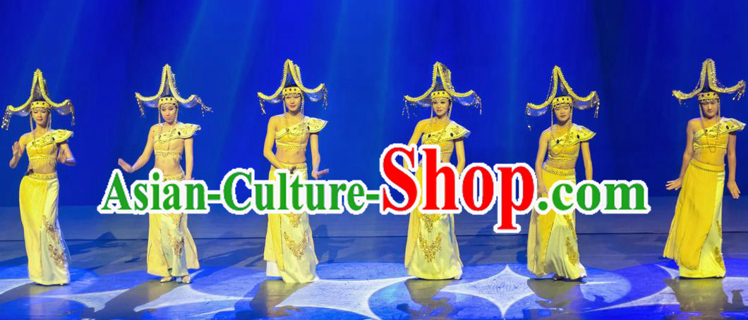 Chinese Lishui Jinsha Dai Nationality Dance Yellow Dress Ethnic Stage Performance Costume and Headpiece for Women
