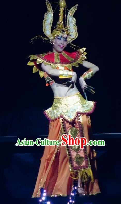 Chinese Lishui Jinsha Dai Nationality Dance Dress Ethnic Stage Performance Costume and Headpiece for Women