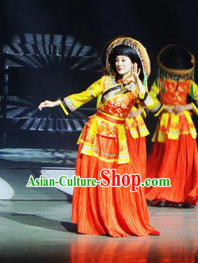 Chinese Lishui Jinsha Bai Nationality Dance Red Dress Ethnic Wedding Stage Performance Costume and Headpiece for Women