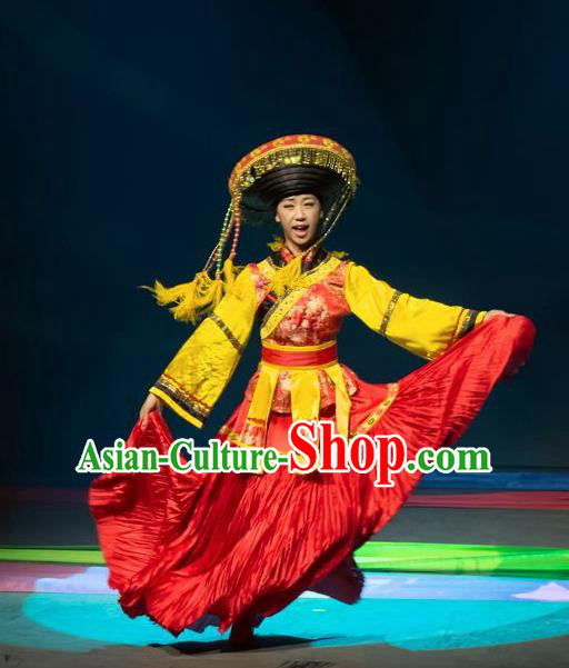 Chinese Lishui Jinsha Bai Nationality Dance Red Dress Ethnic Wedding Stage Performance Costume and Headpiece for Women