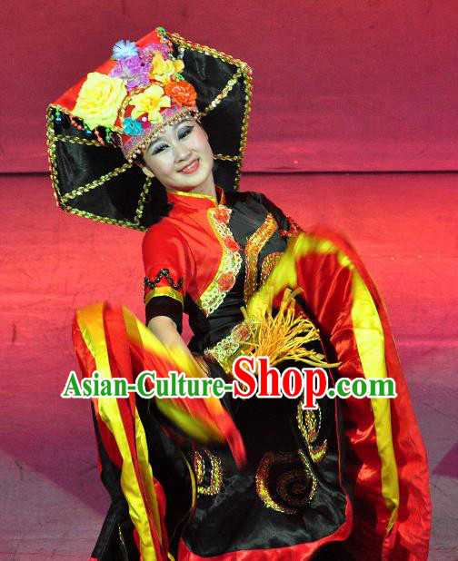 Chinese Lishui Jinsha Yi Nationality Dance Black Dress Ethnic Wedding Stage Performance Costume and Headpiece for Women