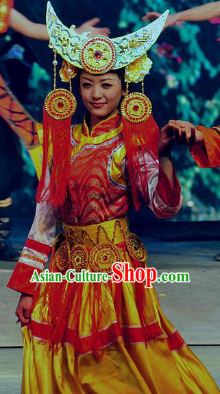 Chinese Lishui Jinsha Yi Nationality Dance Wedding Dress Ethnic Stage Performance Costume and Headpiece for Women