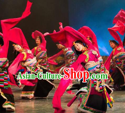 Chinese Lishui Jinsha Zang Nationality Dance Rosy Dress Ethnic Stage Performance Costume and Headpiece for Women