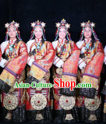 Chinese Encounter Shangri La Impression Tibetan Ethnic Dance Red Robe Stage Performance Costume and Headpiece for Women