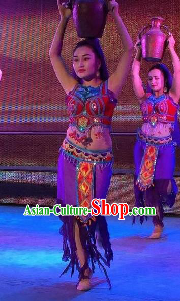 Chinese Turpan Festival Uyghur Nationality Dance Purple Dress Stage Performance Ethnic Costume and Headpiece for Women