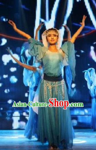 Chinese Turpan Festival Uyghur Nationality Dance Blue Dress Stage Performance Ethnic Costume and Headpiece for Women