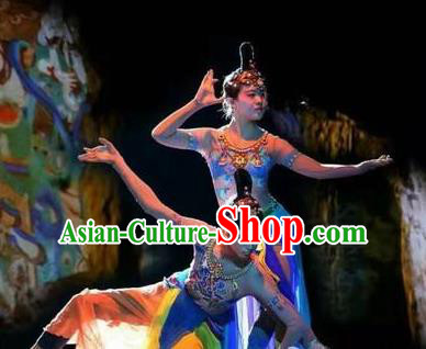 Chinese Encore Dunhuang Classical Dance Blue Dress Stage Performance Costume and Headpiece for Women