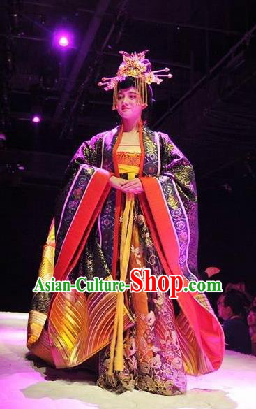 Chinese Encore Dunhuang Tang Dynasty Court Dance Purple Dress Stage Performance Costume and Headpiece for Women