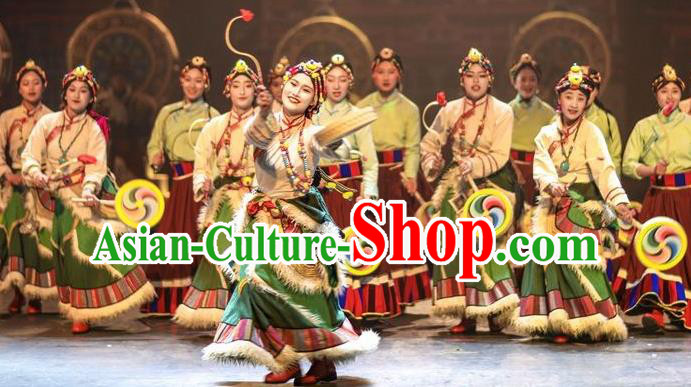 Chinese Encounter Shangri La Impression Tibetan Ethnic Dance Green Robe Stage Performance Costume and Headpiece for Women