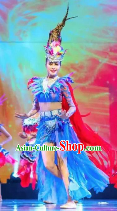 Chinese Jin Show Dan Zhai Miao Nationality Folk Dance Feather Dress Stage Performance Costume and Headpiece for Women