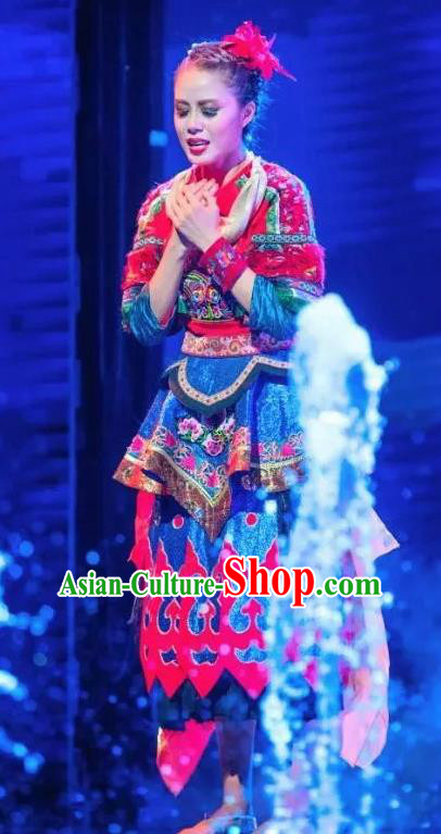 Chinese Jin Show Dan Zhai Miao Nationality Folk Dance Blue Dress Stage Performance Costume and Headpiece for Women