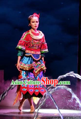 Chinese Jin Show Dan Zhai Miao Nationality Folk Dance Blue Dress Stage Performance Costume and Headpiece for Women