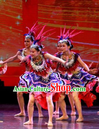 Chinese Jin Show Dan Zhai Miao Nationality Folk Dance Dress Stage Performance Costume and Headpiece for Women