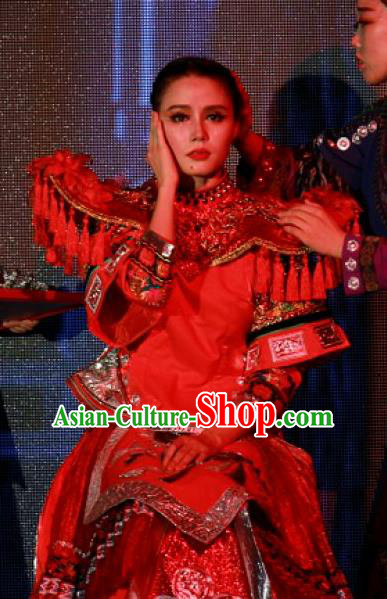 Chinese Jin Show Dan Zhai Miao Nationality Dance Wedding Red Dress Stage Performance Costume for Women