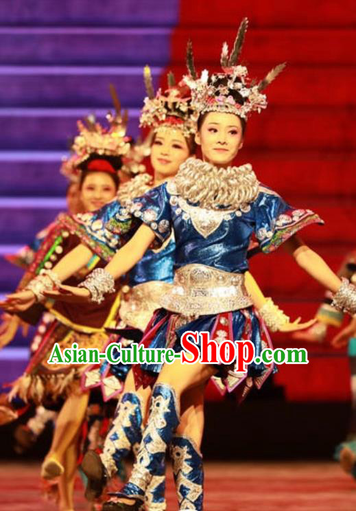 Chinese Jin Show Dan Zhai Miao Nationality Blue Dress Stage Performance Dance Costume and Headpiece for Women