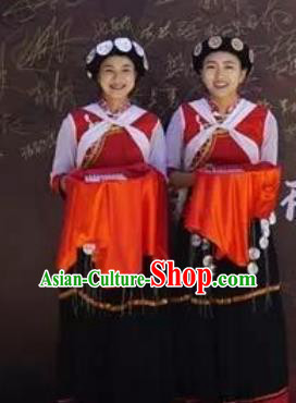 Chinese The Myth Of Snow Mountain Zang Nationality Dongba Dance Dress Stage Performance Costume and Headpiece for Women