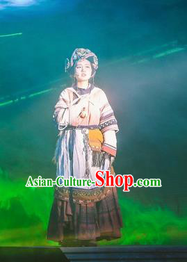 Chinese Encounter Lijiang Naxi Ethnic Dance Dress Stage Performance Costume and Headpiece for Women