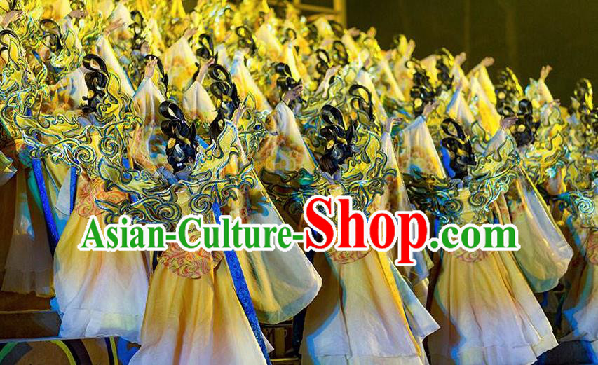 Chinese The Sixth Patriarch Huineng Court Dance Dress Stage Performance Costume and Headpiece for Women