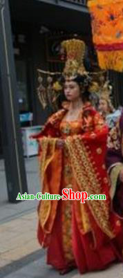 Chinese The Sixth Patriarch Huineng Court Queen Dance Red Dress Stage Performance Costume and Headpiece for Women