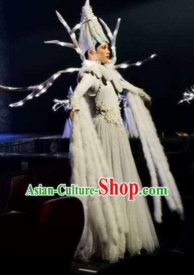 Chinese Picturesque Huizhou Classical Dance White Dress Stage Performance Costume and Headpiece for Women