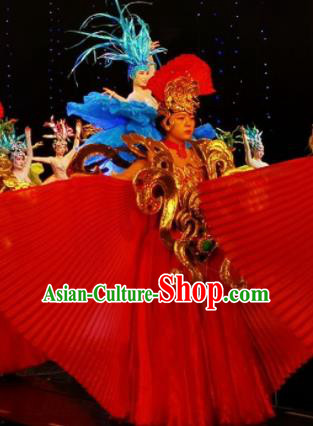 Chinese Picturesque Huizhou Classical Dance Red Dress Stage Performance Costume and Headpiece for Women