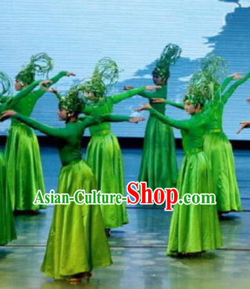 Chinese Picturesque Huizhou Classical Dance Green Dress Stage Performance Costume and Headpiece for Women