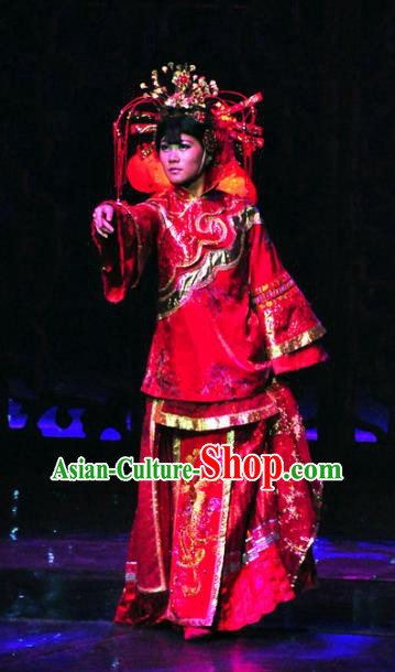 Chinese Picturesque Huizhou Wedding Bride Dance Red Dress Stage Performance Costume and Headpiece for Women