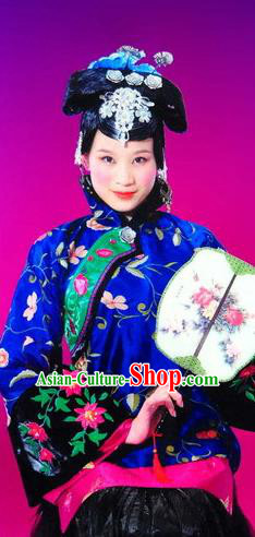 Chinese Picturesque Huizhou Fan Dance Blue Dress Stage Performance Costume and Headpiece for Women