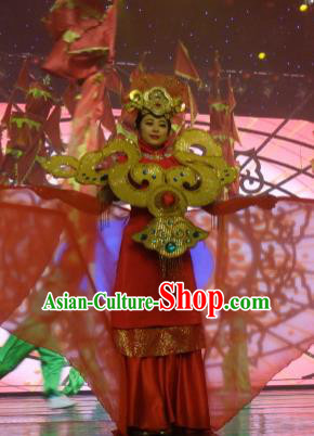 Chinese Picturesque Huizhou Classical Dance Red Dress Stage Performance Costume and Headpiece for Women