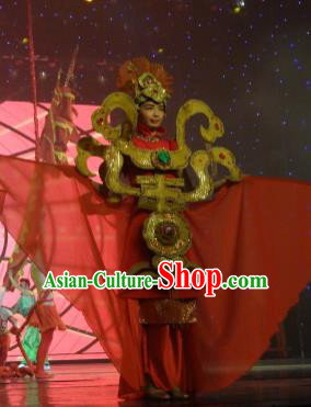 Chinese Picturesque Huizhou Classical Dance Red Dress Stage Performance Costume and Headpiece for Women