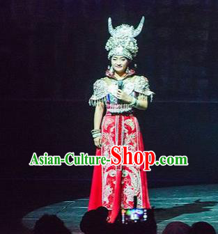 Chinese Charm Xiangxi Miao Nationality Dance Red Dress Stage Performance Costume and Headpiece for Women