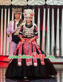 Chinese Charm Xiangxi Miao Nationality Dance Black Dress Stage Performance Costume and Headpiece for Women