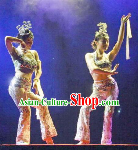 Chinese Charm Xiangxi Nationality Dance Dress Acrobatics Stage Performance Costume and Headpiece for Women