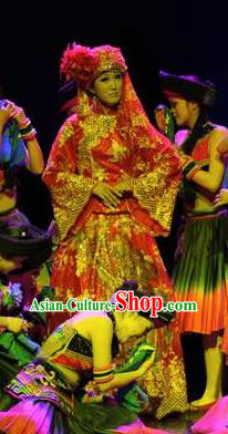 Chinese Charm Xiangxi Tujia Nationality Dance Wedding Dress Stage Performance Costume and Headpiece for Women