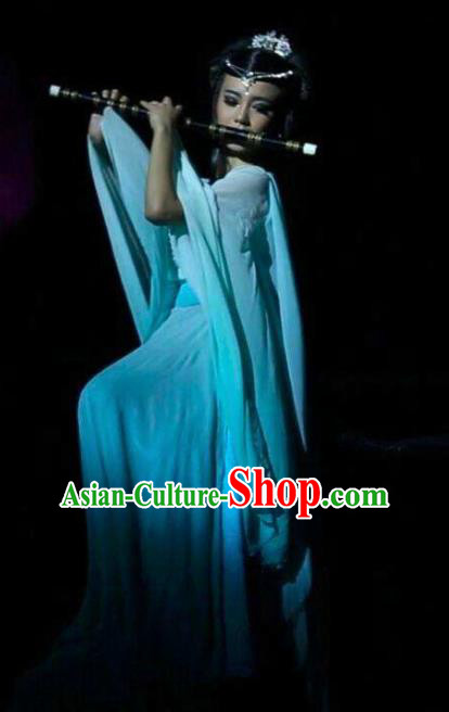 Chinese Dream Of Tao Classical Dance Blue Dress Stage Performance Costume and Headpiece for Women