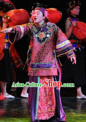 Chinese Charm Xiangxi Tujia Nationality Matchmaker Dance Dress Stage Performance Costume and Headpiece for Women