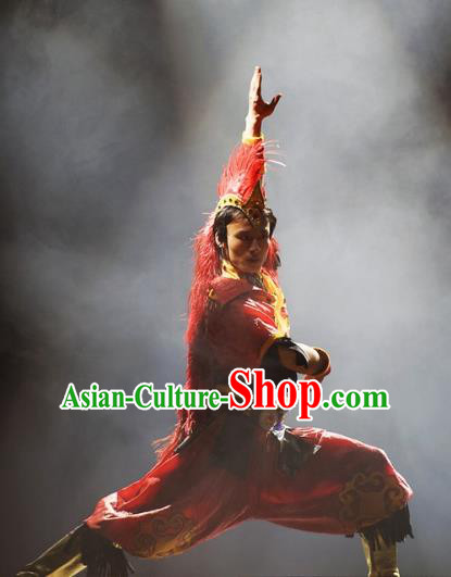 Chinese Oriental Apparel Wa Nationality Red Clothing Stage Performance Dance Costume for Men