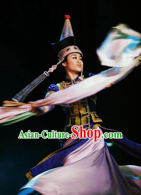 Chinese Oriental Apparel Mongol Nationality Dance Royalblue Dress Stage Performance Ethnic Costume and Headpiece for Women