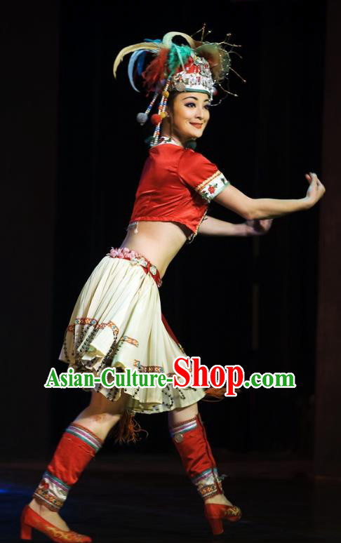 Chinese Oriental Apparel Tujia Nationality Dance Dress Stage Performance Ethnic Costume and Headpiece for Women