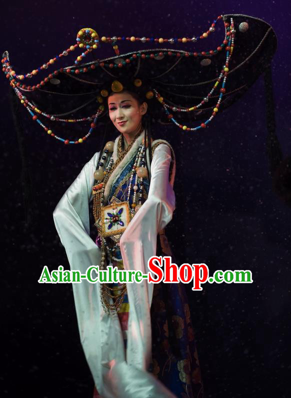 Chinese Oriental Apparel Zang Nationality Dance Dress Stage Performance Ethnic Costume and Headpiece for Women