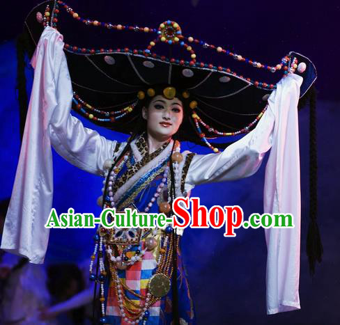 Chinese Oriental Apparel Zang Nationality Dance Dress Stage Performance Ethnic Costume and Headpiece for Women