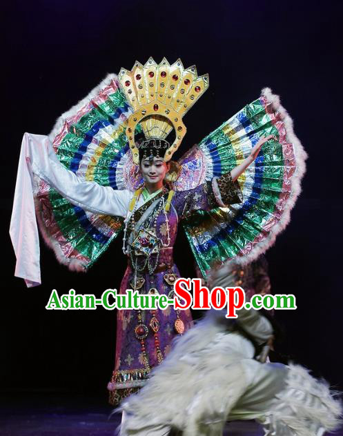 Chinese Oriental Apparel Zang Nationality Dance Purple Dress Stage Performance Ethnic Costume and Headpiece for Women