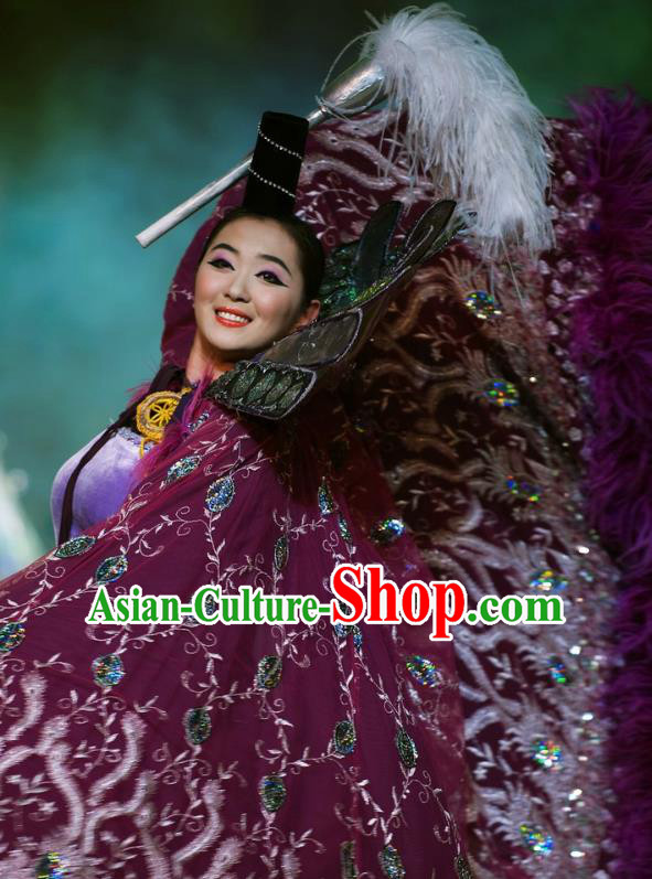 Chinese Oriental Apparel Classical Dance Purple Dress Stage Performance Ethnic Costume and Headpiece for Women