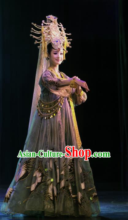 Chinese Oriental Apparel Classical Dance Green Dress Stage Performance Ethnic Costume and Headpiece for Women