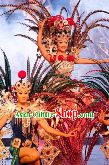 Chinese Oriental Apparel Classical Dance Feather Dress Stage Performance Ethnic Costume and Headpiece for Women