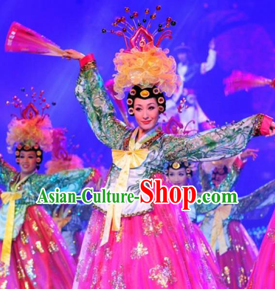 Chinese Oriental Apparel Korean Nationality Dance Rosy Dress Stage Performance Costume and Headpiece for Women