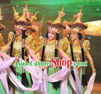 Chinese Oriental Apparel Mongolian Nationality Dance Dress Stage Performance Costume and Headpiece for Women